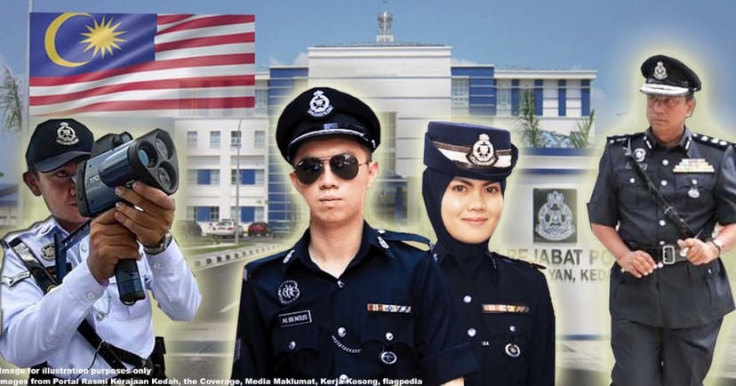 Sekumpulan pegawai polis Malaysia yang pelbagai dalam seragam masing-masing sedang menjalankan tugas, termasuk tugas am, penguatkuasaan trafik, dan siasatan jenayah, menunjukkan kerjasama dan penglibatan komuniti. Latar belakang menampilkan suasana bandar yang sibuk, menekankan peranan mereka dalam memastikan keselamatan dan ketenteraman awam.