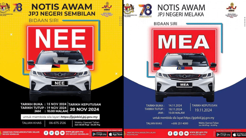 Nombor plat eksklusif NEE dan MEA tersedia untuk bidaan di platform JPJ eBid, menampilkan pilihan pendaftaran unik untuk pemilik kenderaan.