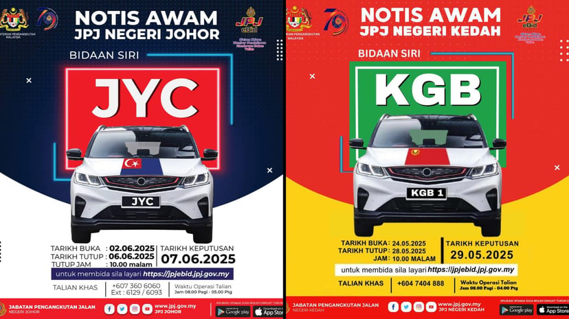 Platform lelong dalam talian JPJ eBid menampilkan nombor plat premium KGB dan JYC yang kini dibuka untuk bidaan di Malaysia.