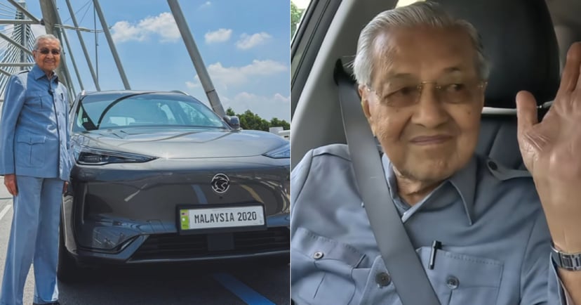 Former Prime Minister Tun Dr. Mahathir Mohamad test driving Proton's first electric vehicle e.MAS 7 two weeks before his 100th birthday celebration
